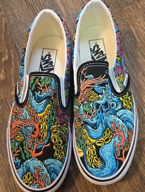 Vans Slip-On Octopus Coral Graphic Sneakers - Blue Yellow Orange Black Womens 9